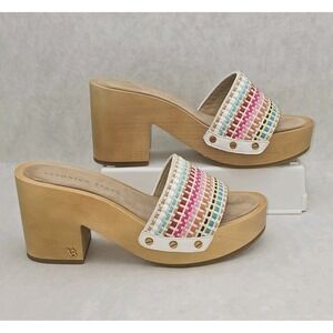 Veronica Beard Hannalee Woven Size 7.5 Clog Wooden Platform Slide Rainbow